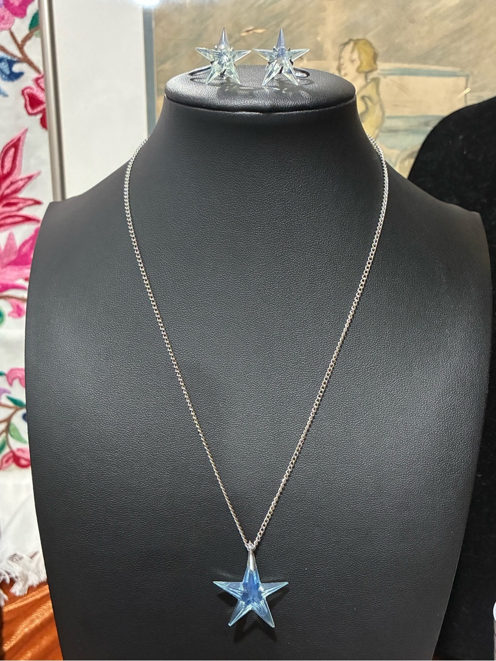 Vintage Sterling Opalescent Glass Star Necklace & Earring Set